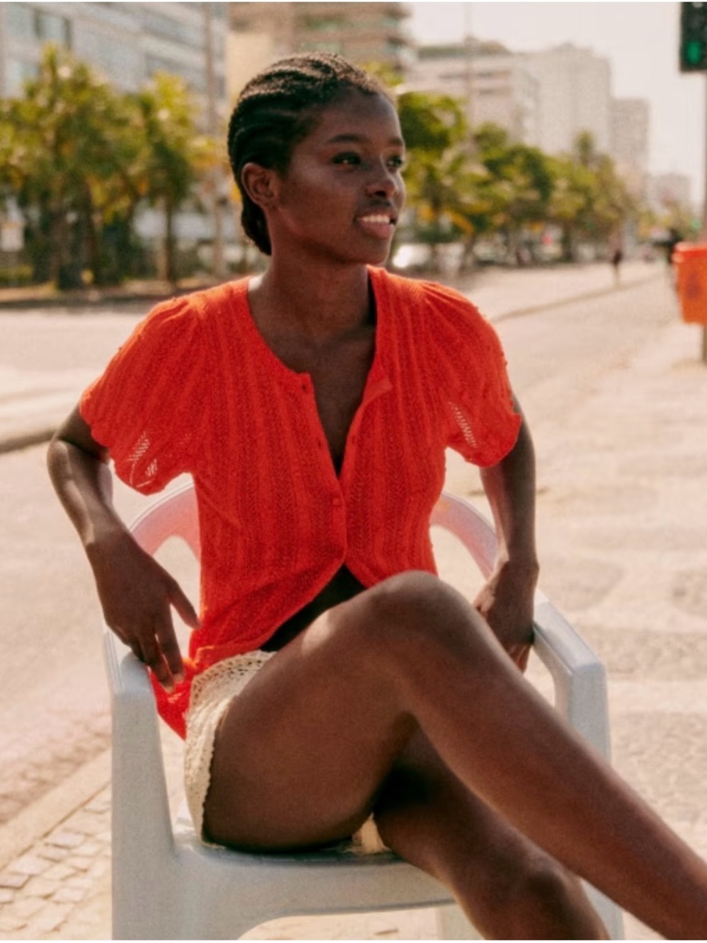Sezane Davie organic cotton Vibrant coral Openwork Knit Cardigan - Picture 3 of 8
